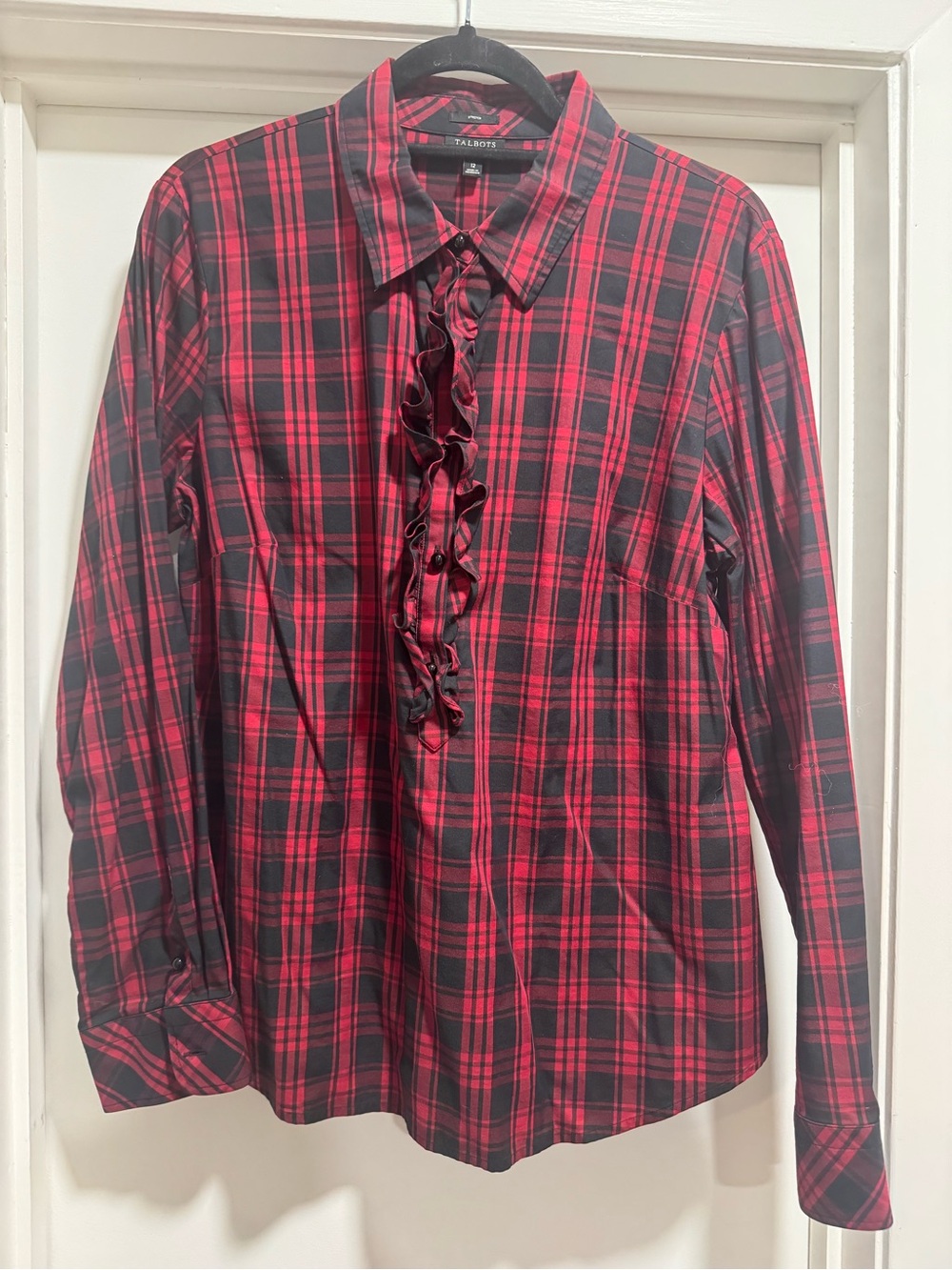 Talbots Red and Black Plaid Ruffle-Front Button-Down Shirt